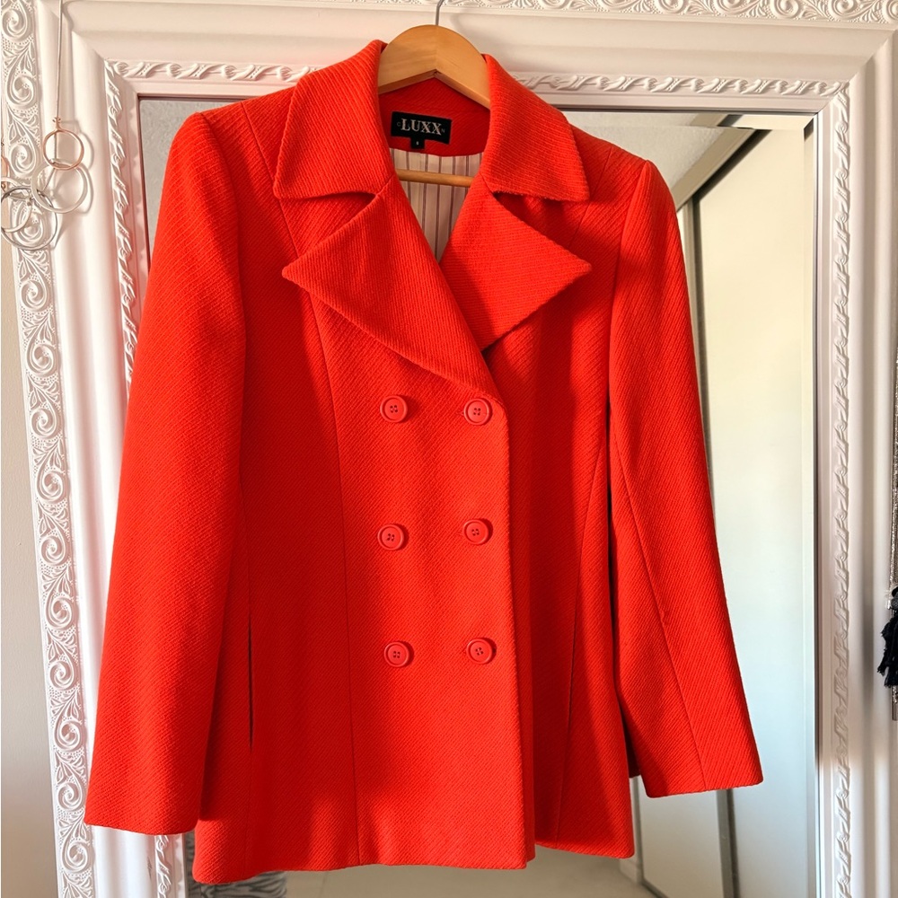 Luxx Collection Tailored Vibrant Orange Outerwear with Striped Interior